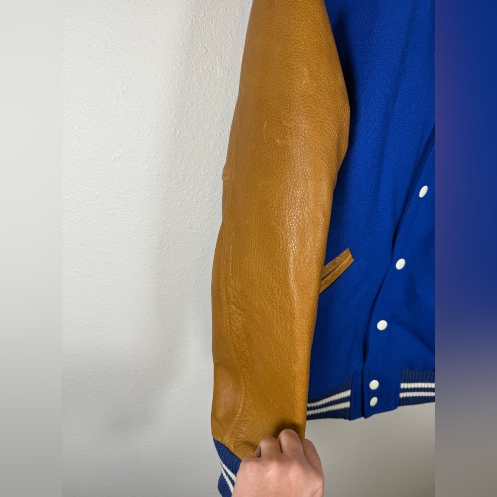 Dehen 1920 Blue And Brown Varsity Jacket Wool And Leather Medium $695 Retail - Picture 3 of 11